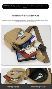 Detailed view of khaki canvas crossbody bag with multi-compartment storage for daily items