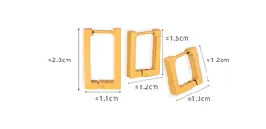 Size chart showing dimensions of rectangular gold-plated titanium steel hoop earrings
