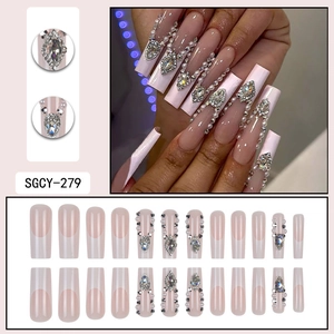 French nude pink press-on nails set with pearls and large rhinestones, 24 piece kit