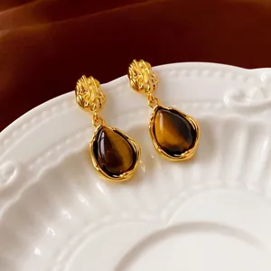 Vintage Water Drop Earrings Natural Tiger Eye Gemstone With Silver Earring Post Retro French Luxury Style Women Jewelry