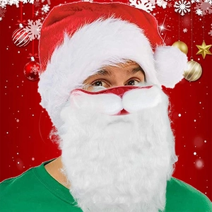 Detail of Santa Claus costume set with red plush hat and curly white beard mask