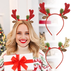 Christmas reindeer antler headband with glitter sequins red berries and gold bells