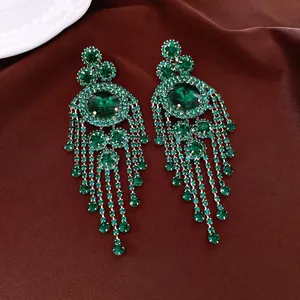 Vintage style emerald green rhinestone tassel earrings with luxury crystals for women