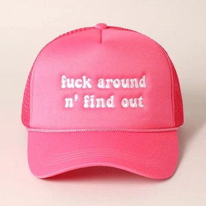 Pink trucker hat featuring white embroidered text and breathable mesh back for casual wear