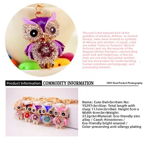 Detail of owl keychain featuring Czech rhinestones and colorful oil drip craftsmanship