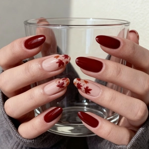 Press On Nails Almond Shape Autumn Maple Leaf Pattern Burgundy Red Glossy Artificial Fingernails For Women French Style