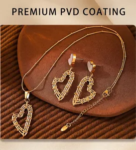 Detailed close-up of PVD gold plated woven heart necklace and white shell earrings set