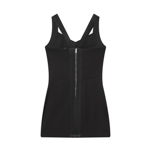 Women's black bodycon dress with wide crisscross straps and silver back zipper detail