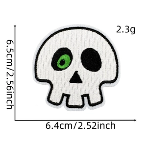 Skull embroidery patch dimensions: 6.5cm height and 6.4cm width on white background