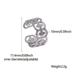 Adjustable hollow clover pattern ring in stainless steel with 10mm width and silver finish