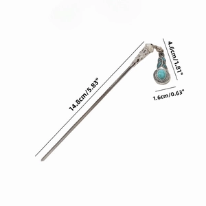 Épingle à cheveux vintage en argent avec pendentif turquoise et mesures précises