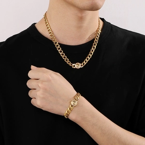 Ensemble collier et bracelet 10mm en acier inoxydable doré avec diamants CNC