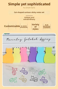 Detail of cat-shaped sticky notes in six colors with matching cartoon paper clips