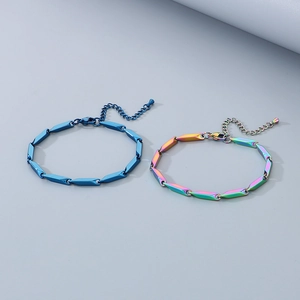 Detail of colorful rainbow and blue stainless steel link chain bracelets with lobster clasp