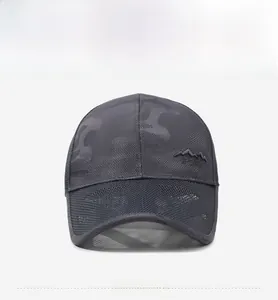 Detailed close-up of dark grey camo mesh baseball cap with 3D SPORT embroidery