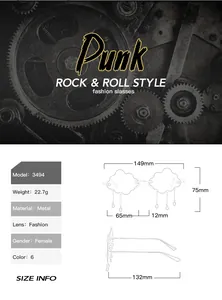 Detailed size chart for cloud shaped rimless sunglasses with metal frame and dimensions