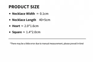 Detailed size chart for heart and square pendant necklaces with chain length dimensions