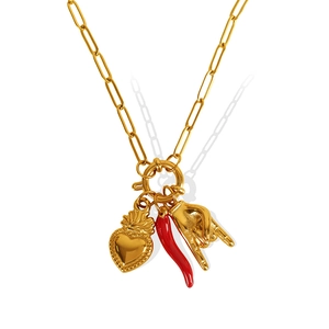 Gold paperclip necklace with red enamel chili, textured heart, and rock sign pendant