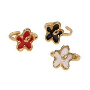 Three elegant 18k gold floral open rings in red, black and white finishes