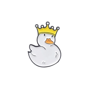 Funny crown duck metal enamel pin badge accessory with gold plating on white background