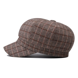Classic British style brown plaid newsboy cap with octagonal design for women and students