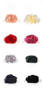 Color palette of 3D satin rose evening clutch bags in champagne, red, navy and more