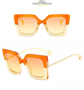 Detail view of square gradient sunglasses with gold metal temples and pearl ends