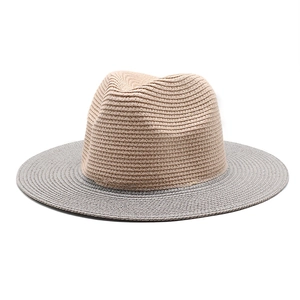 Two-tone woven straw fedora hat with beige crown and grey wide brim for sun protection