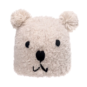 Cozy cream bear ear knit hat with cute cartoon embroidery for winter warmth