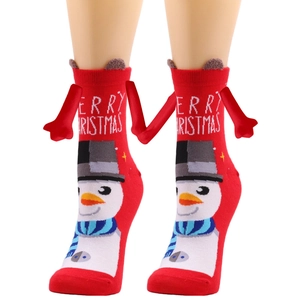 Detail of red Christmas socks with snowman pattern and 3D hand features