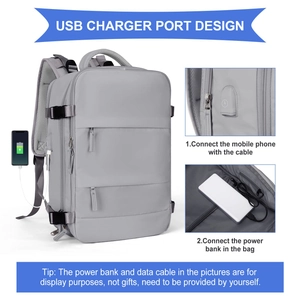 Detail showing the USB charger port design on this grey travel laptop backpack