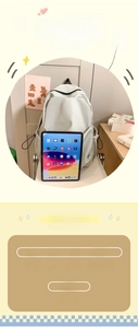 Detailed size view of a minimalist nylon backpack showing dimensions with an iPad for scale
