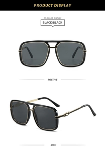 Detail view of double-bridge square sunglasses showing front and side profile black frames