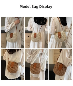 Detail view of woven straw shoulder bag with leather flap and magnetic closure