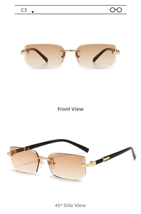 Detail view showing brown gradient rimless lenses and gold metal hardware on sunglasses