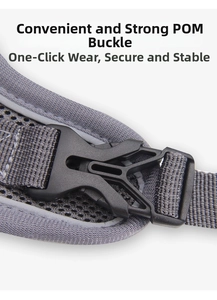 Detail of durable POM buckle and breathable grey mesh on the cat harness vest