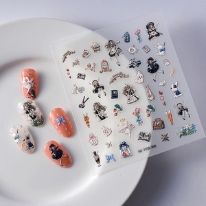 Detail of 5D embossed nail stickers featuring cute cartoon girls, rabbits and flowers