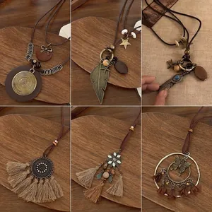 Bohemian Long Pendant Necklace Alloy Wood Leather Rope Tassel Rhinestone Ethnic Retro Jewelry For Women