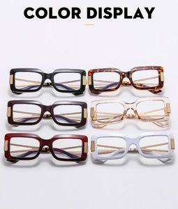 Color display of square frame glasses with cutout metal temples in multiple shades