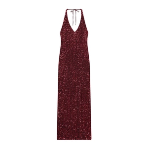 Elegant deep red sequin halter neck maxi dress with deep V-neck and open back design