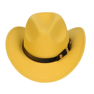 Detailed close-up of yellow western cowboy hat with black leather band and gold buckle