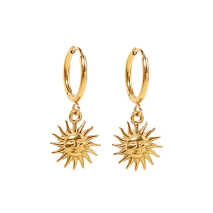 Vintage 18K gold plated titanium steel hoop earrings with sun face pendants