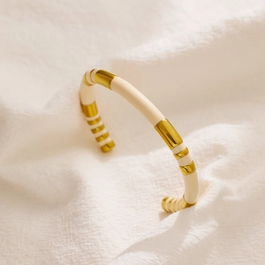 Minimalist gold and white enamel bamboo style stainless steel open cuff bracelet
