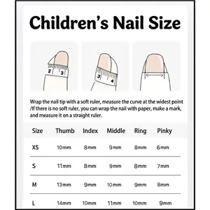 Size chart for children's press-on nails with XS to L measurements and guide