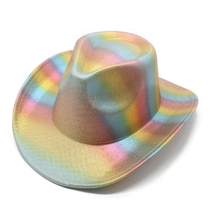 Detail of laser iridescent western cowboy hat with glossy gradient texture and fine stitching