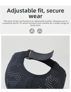 Close-up of navy sun hat with laser-cut vents and adjustable velcro strap back