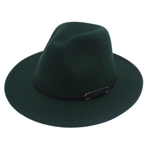 Close-up of dark green felt fedora hat with black leather belt and gold metal buckle detail