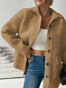 Fashionable khaki sherpa fleece jacket with black buttons and pockets for winter