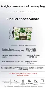 Details zur Kosmetiktasche aus Leinen mit Kleeblatt, Maße 17x25cm und Gewicht 33g