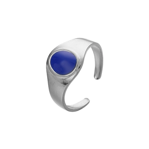 Detailed macro view of silver stainless steel open ring with round blue enamel center piece